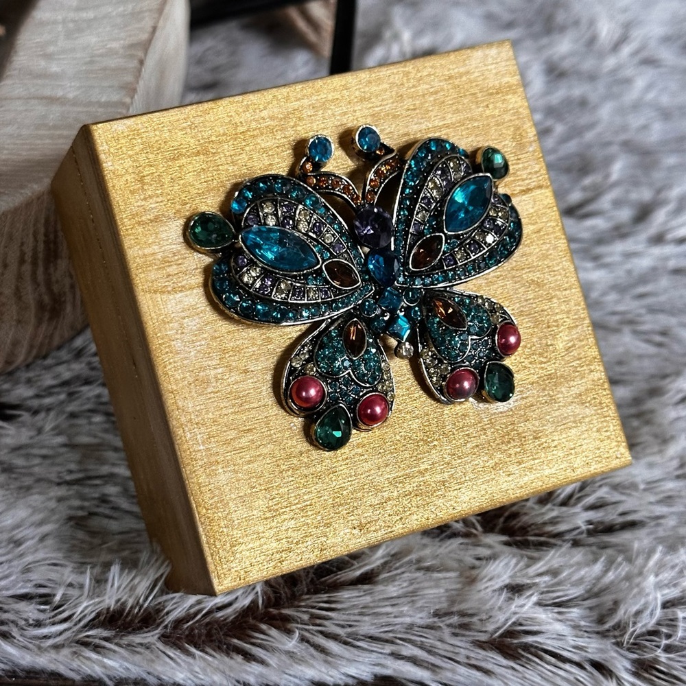 Hand crafted gold wooden trinket box with jeweled butterfly lid